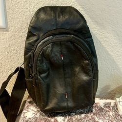 Black Leather Sling Bag / Crossbody Pack • 12” x 8”