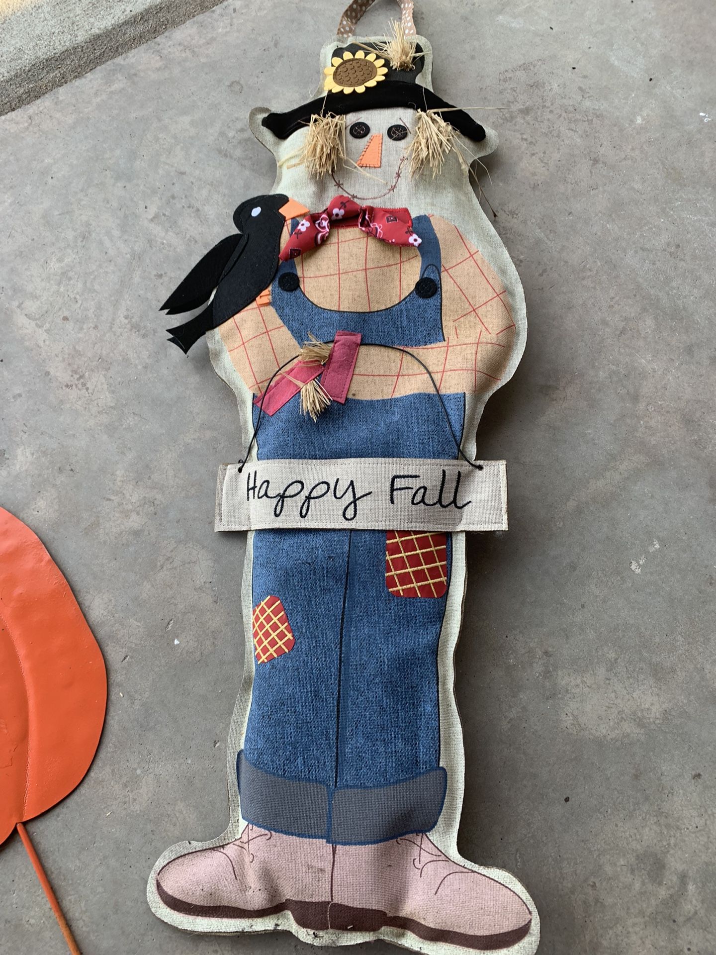 Large Stuffed Scarecrow  Hangs Or Slip Over A Pole.  Has Welcome Sign For Fall Season & Crow.