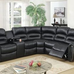 Brand New Black Leather Reclining Sectional Sofa 