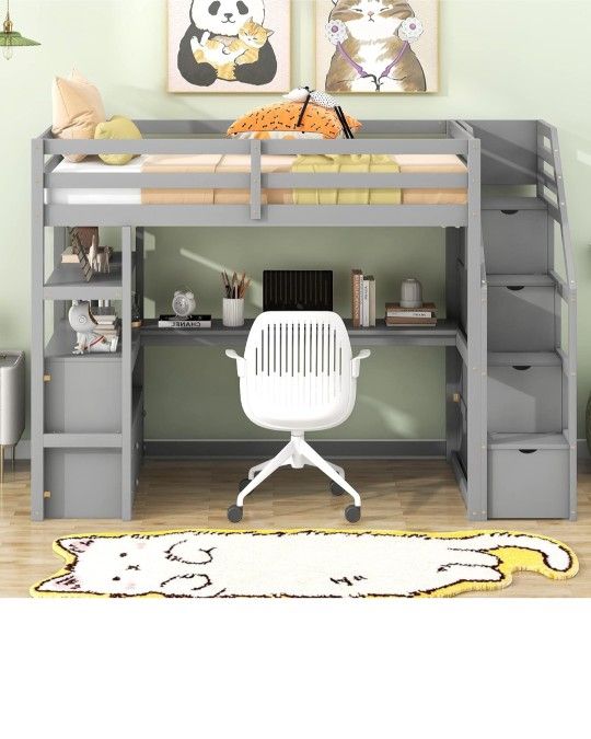 Twin Loft Bed with Storage Staircase and Desk, Wooden Twin Size Loft Bed with Storage Shelves and 2 Built-in Drawers, Gray