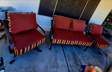 $1100 BIG ARIZONA IRON SET 2 BIG SWIVEL CLUB CHAIRS AND LOVE SEAT WITH THICK SUNBRELLA CUSHIONS WITH POWDER COATED