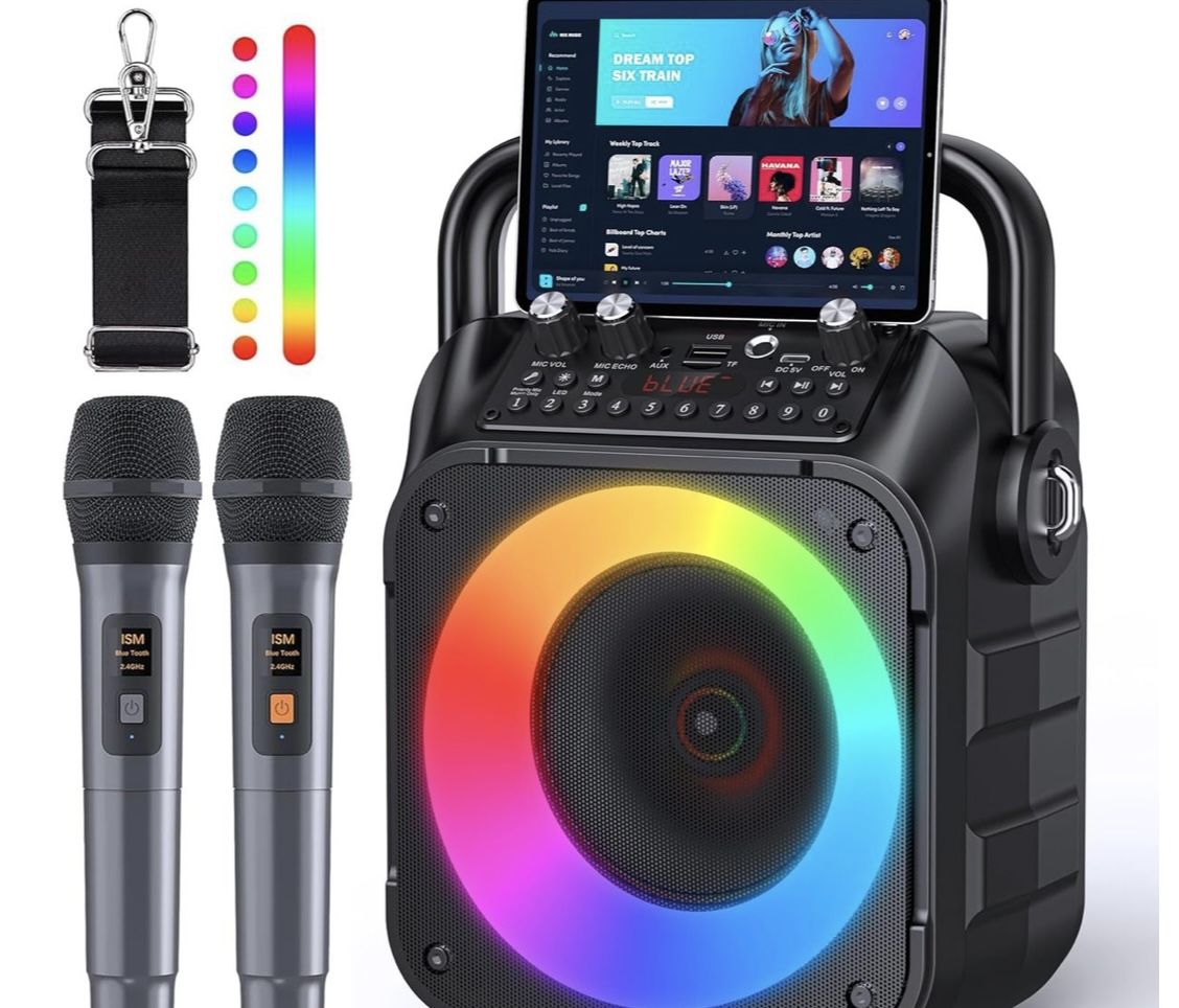 Karaoke Machine, Portable Bluetooth Speaker with 2 Wireless Microphones for Adults & Kids with Lights, Karaoke Microphone with PA System Supports USB/