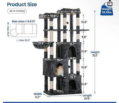 😀 MWPO Extra Large Cat Tree for Indoor Cats, 70.1-Inch Tall Cat Tower with 3 Large Cat Condos, Multi-Level Cat Stand for Large Cats with Scratching