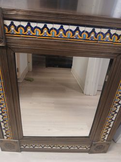 Vintage Punched Tin And Copper With Tile Mirror