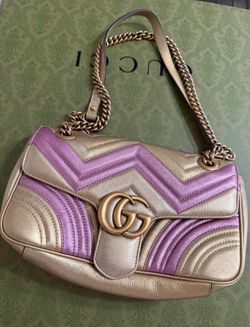 GUCCI GG Marmont Medium Metallic Gold Pink Matelassé Shoulder Bag Rare