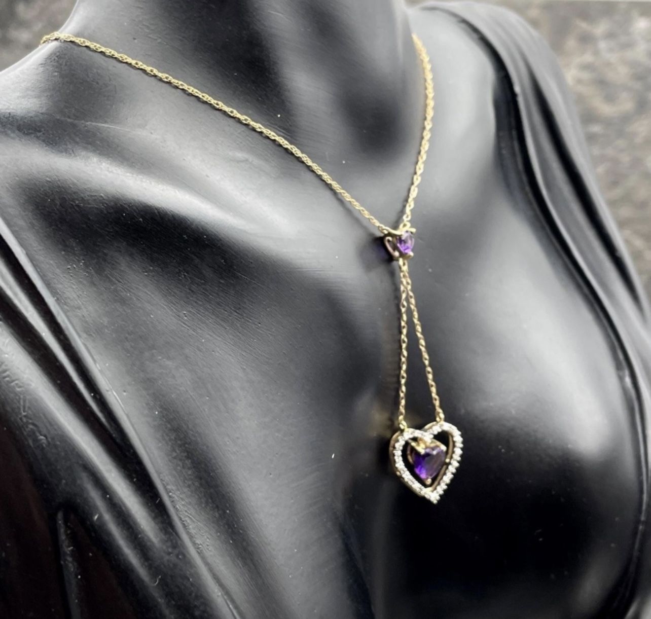 💜 10K Gold Amethyst & Diamond Lariet Drop Necklace