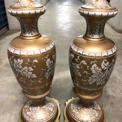 Huge Pair/2 Hollywood Regency Mid Century Modern Porcelain Ceramic Gold White Hand Painted UrnTable Lamps Chinoiserie Asian Italian Marbro Vintage 