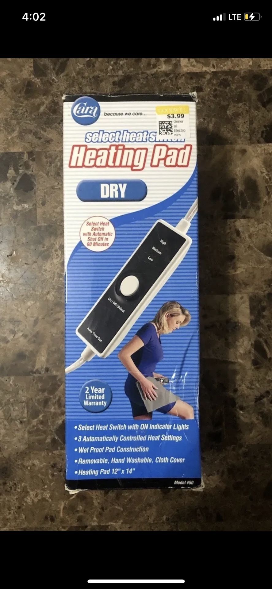 CARA Heating Pad 3 Control Slide Switch Dry Wet Proof Pad 12"×14" Model #50