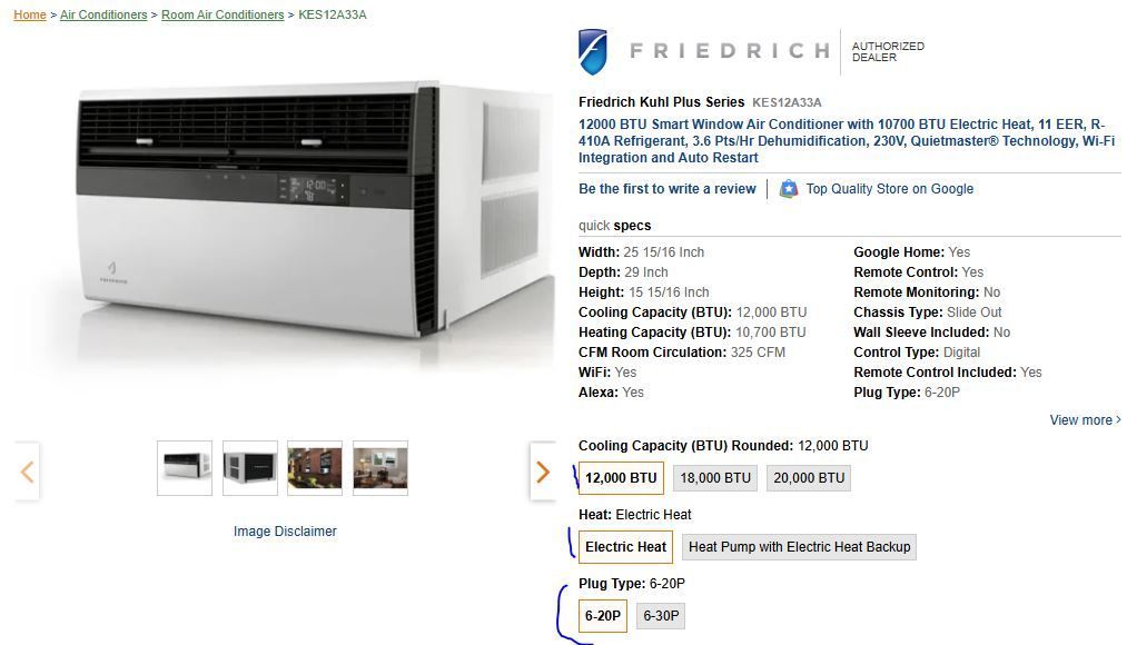 Friedrich Window AC - 12,000 BTU 11 EER 230V Smart Room Air Conditioner With Electric Heat -Model :KES12A33A MSRP $1709