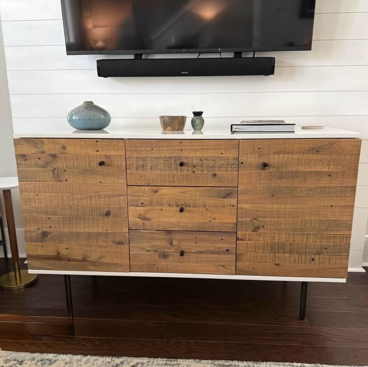 West Elm Media Console White lacquer top and reclaimed wood