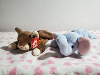 TY Beanie Baby Pounce Brown Cat & Peanut Blue Elephant Plush Stuffed Animal