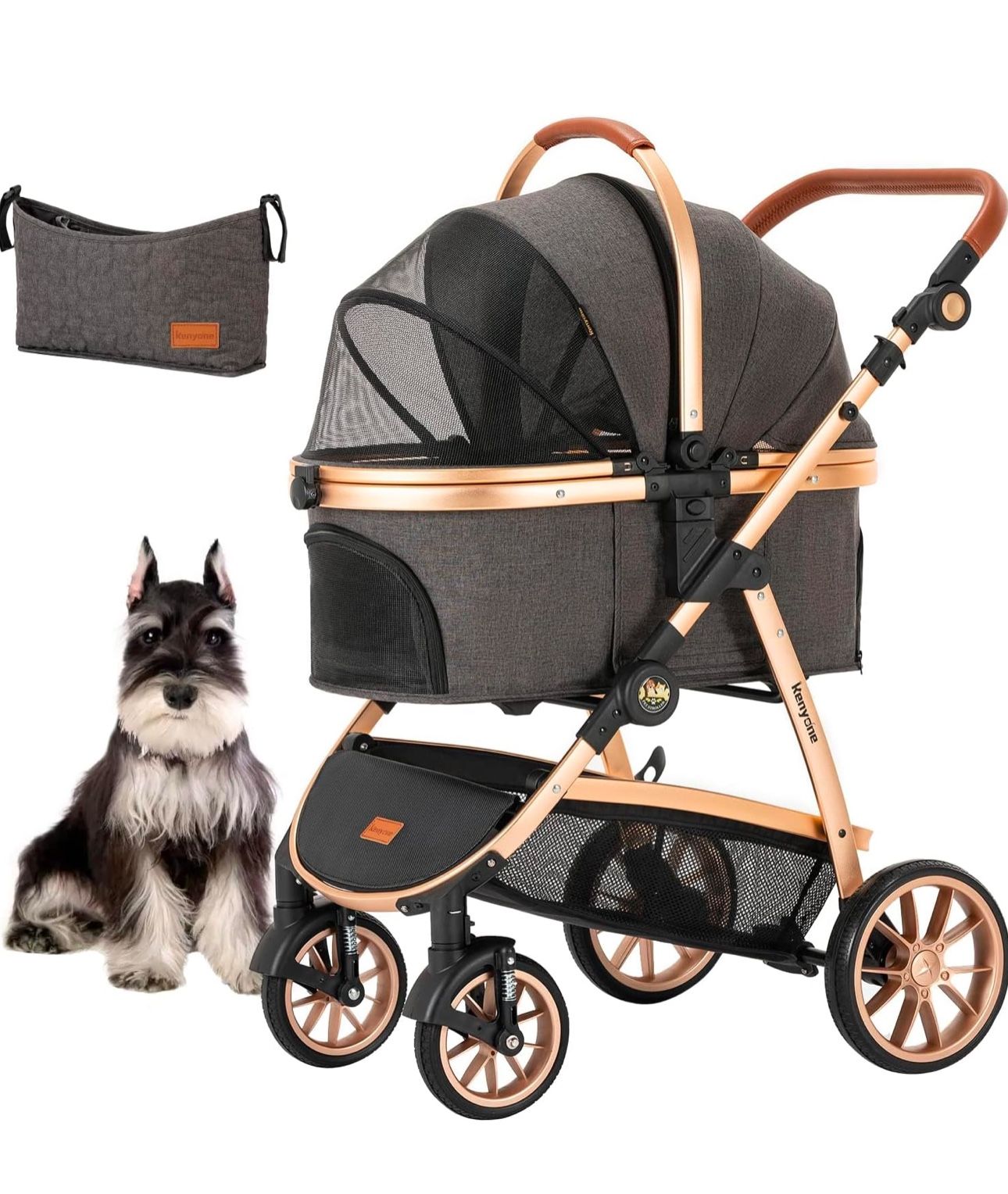 Kenyone Pet Stroller 3 in 1 for Medium Small Size Dogs Luxury Large Cat Stroller Detachable Carrier for Puppy, Kitty, Doggie