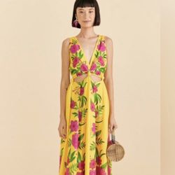 FARM Rio Yellow Romantic Garden Midi Dress - Size M