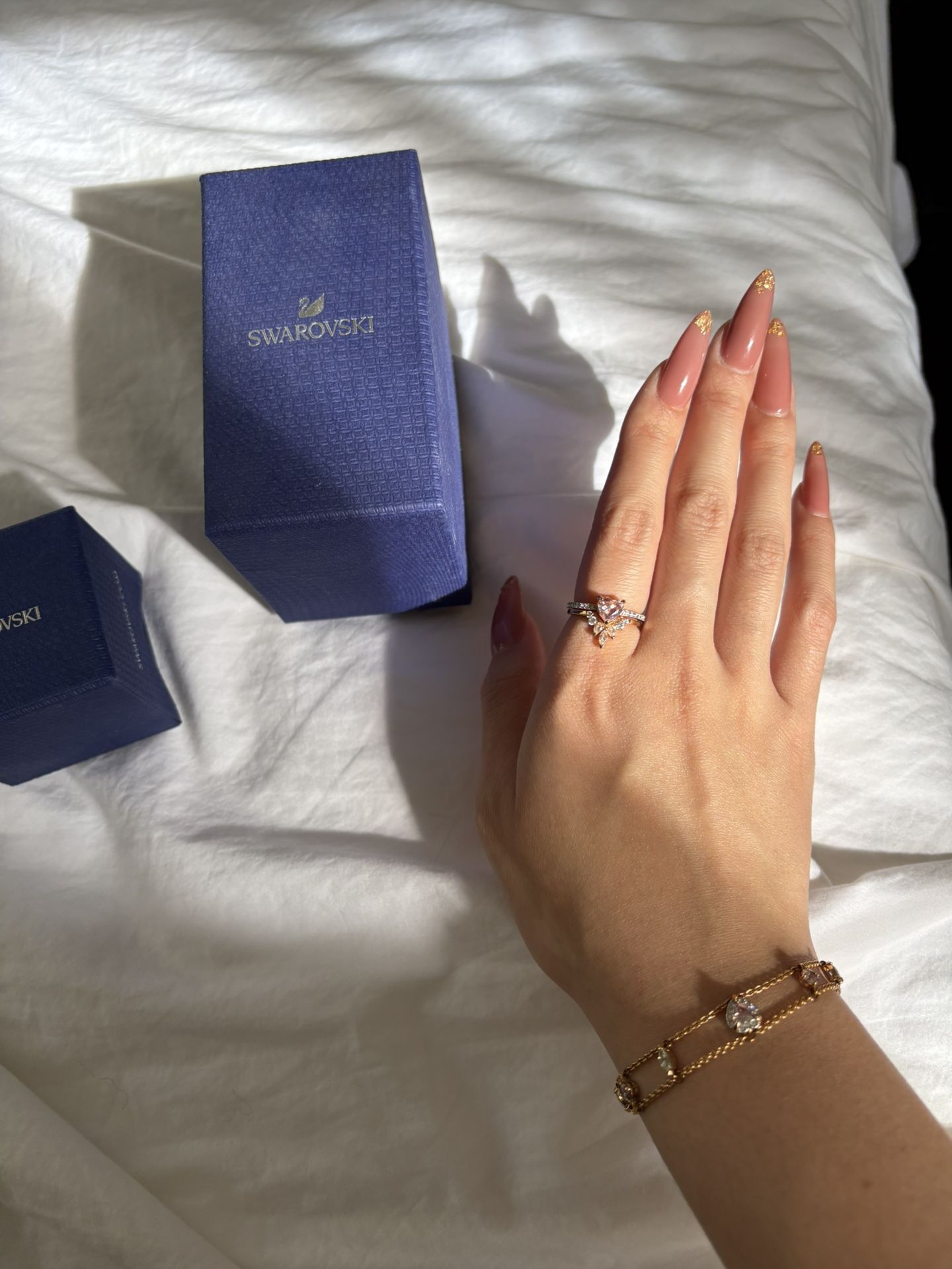 Swarovski Heart pink stone ring and matching band set and heart adjustable bracelet bundle