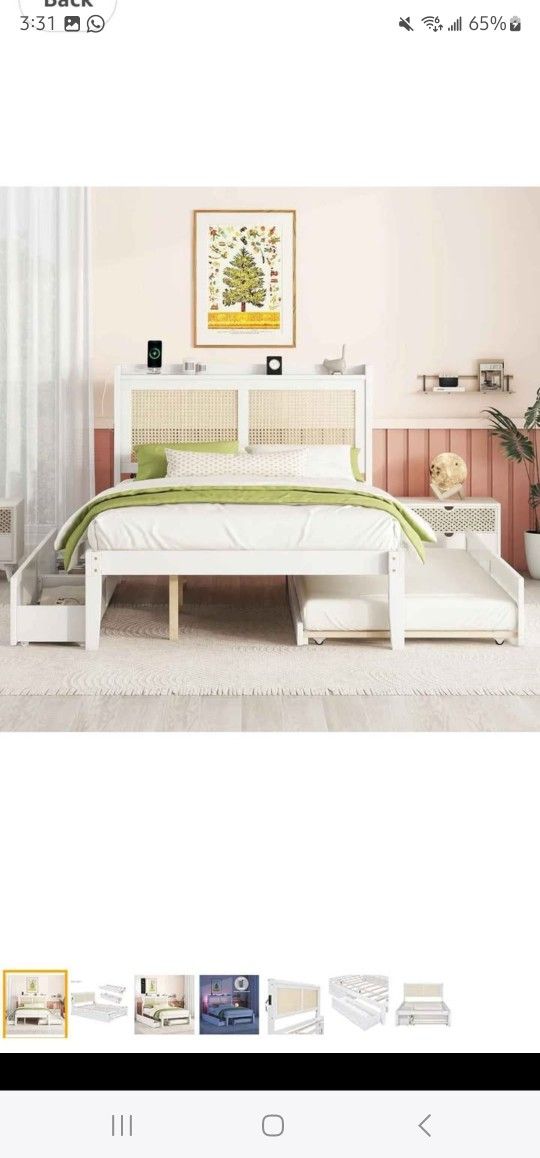 LostCat Full Size Bed With Trundle And 2 Storage Drawers, Wood Platform Bed Frame With Rattan Headboard And Sockets, No Box Spring Needed, White