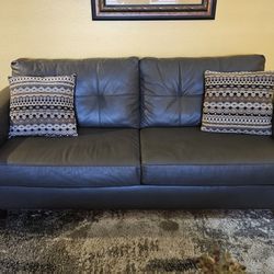 2 Leather Gray Couches &Throw Pillows 