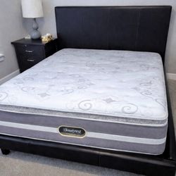 Queen Leather Bed Frame and Simmons Beautyrest 15" Pillowtop Mattress