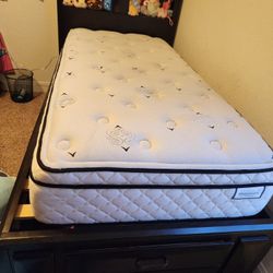 Twin Bed Frame w/ Storage & Bookshelf Headboard + Mattress