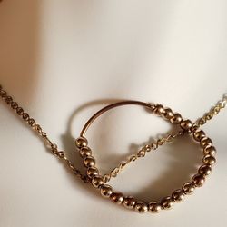 Gold Tone Popcorn Necklace And Beaded Bracelet With Bar, Stretchy.