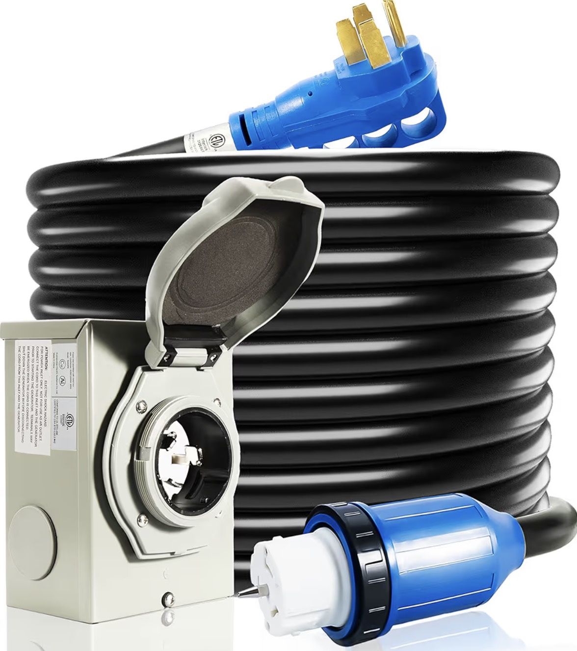 50 Amp Generator Cord and Power Inlet Box, 25FT 125V/250V, TWIST LOCK CONNECTOR