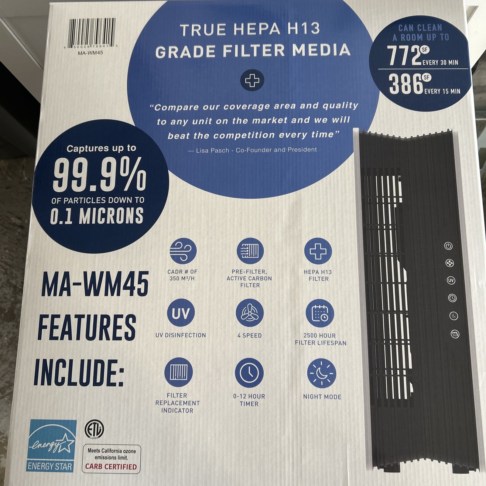 Medify Air Wall Mount True HEPA H13 Large Room Air Purifier White MA-WM45