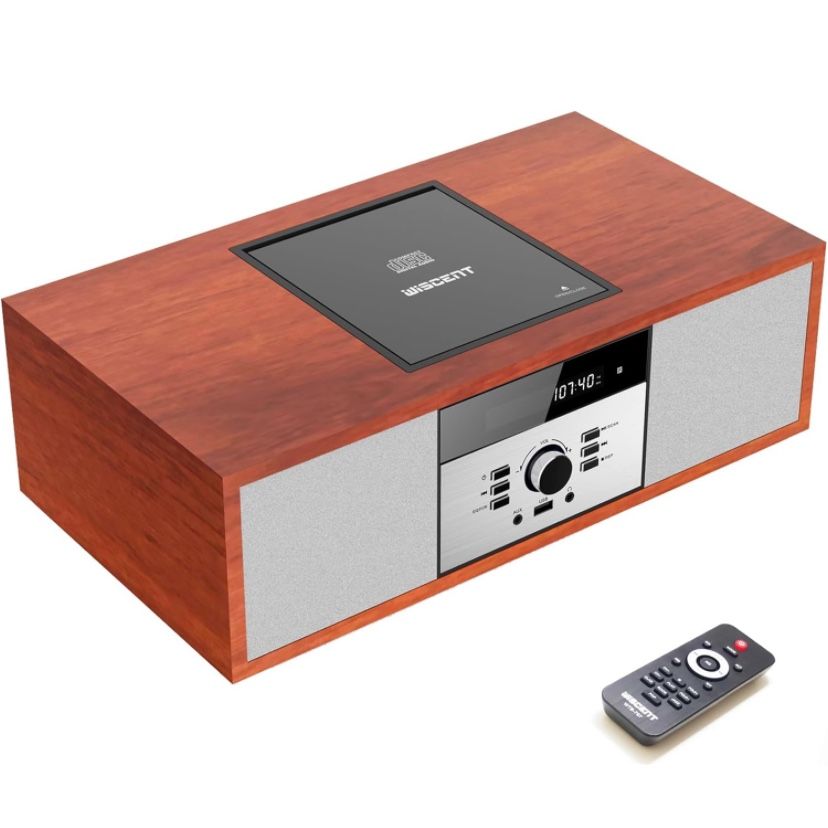Nostalgic Bluetooth Stereo System for Home, WISCENT Vintage Micro HiFi Systems CD Player,with Bluetooth Audio Streaming,FM Radio,USB Port,Aux-in,Earph