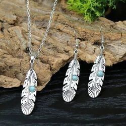 Turquoise Feather Pendant Necklace & Drop Earrings Set