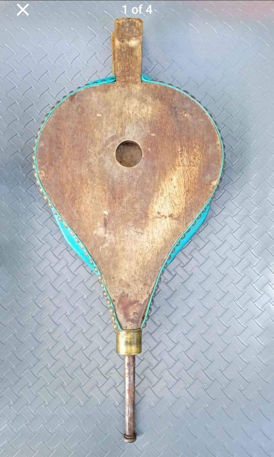 Antique Fireplace bellow studded wood and teal leather