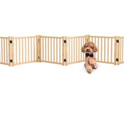 6 Panel Freestanding Pet Gate, 17’’ Tall,138’’ Extra Wide Wood Pet Fence 