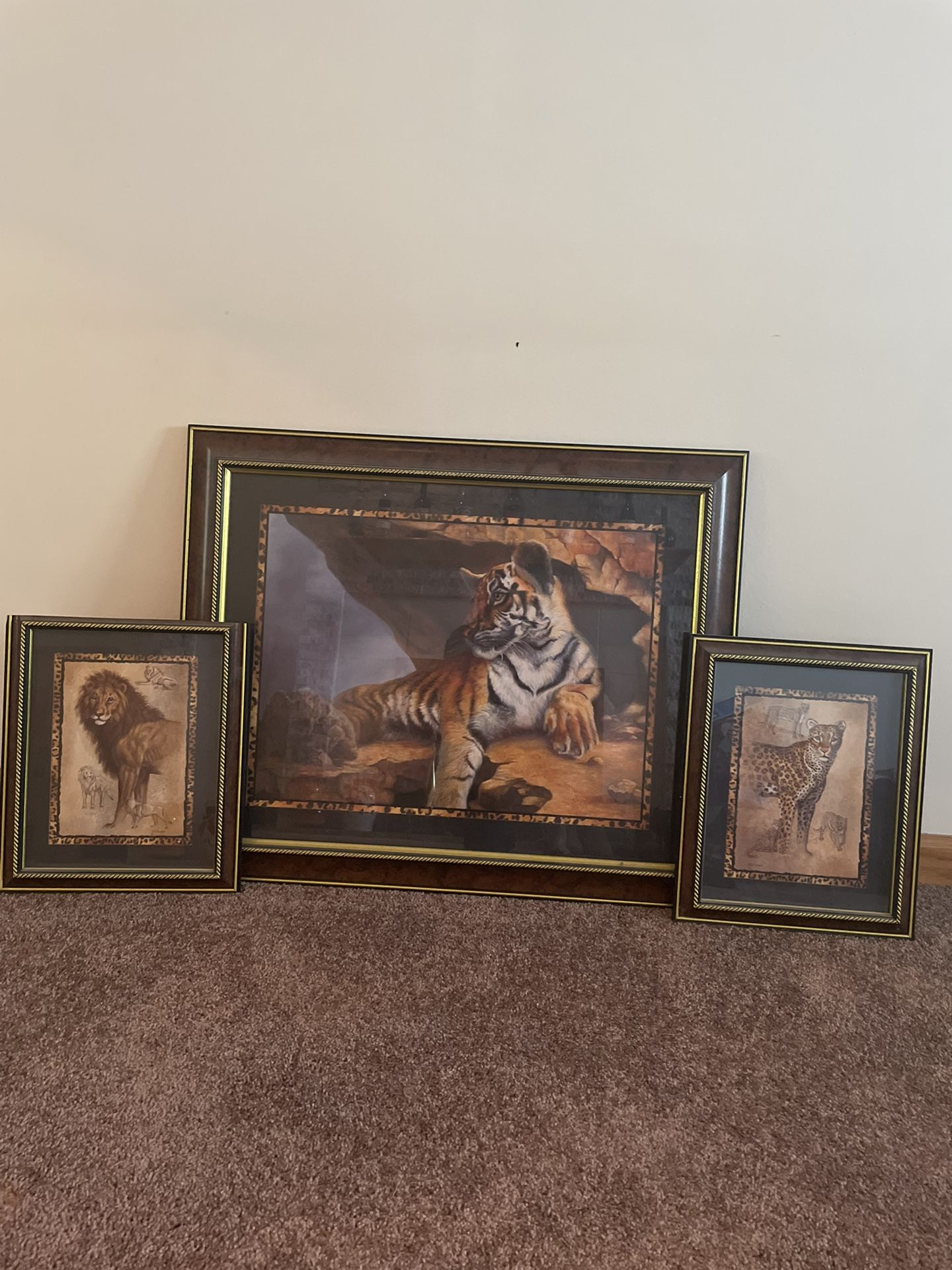Vintage Home Interiors Bengal Tiger large picture by Linda Wacaster 33”X27” and Home Interiors safari “Lion and Leopard” picture frame set 16.5X13.5”