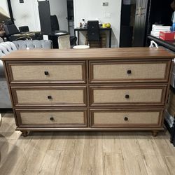 55”Weselon 6 Drawer Rattan Dresser Modern Dresser with Rattan Drawers Farmhouse Wood Storage Chest of Drawers for Bedroom,Walnut