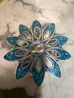 Vintage sterling silver Turquoise & Abalone Flower Brooch Pin