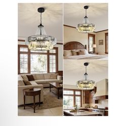 24 Inch Crystal Caged Double Layer Fandelier, Large Modern Chandelier Ceiling Fan with Light and Remote, Luxury Fandelier for Living Room, Bedroom, Re