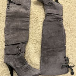 BARELY WORN WOMEN’s GREY SUEDE OVER THE KNEE BOOTS