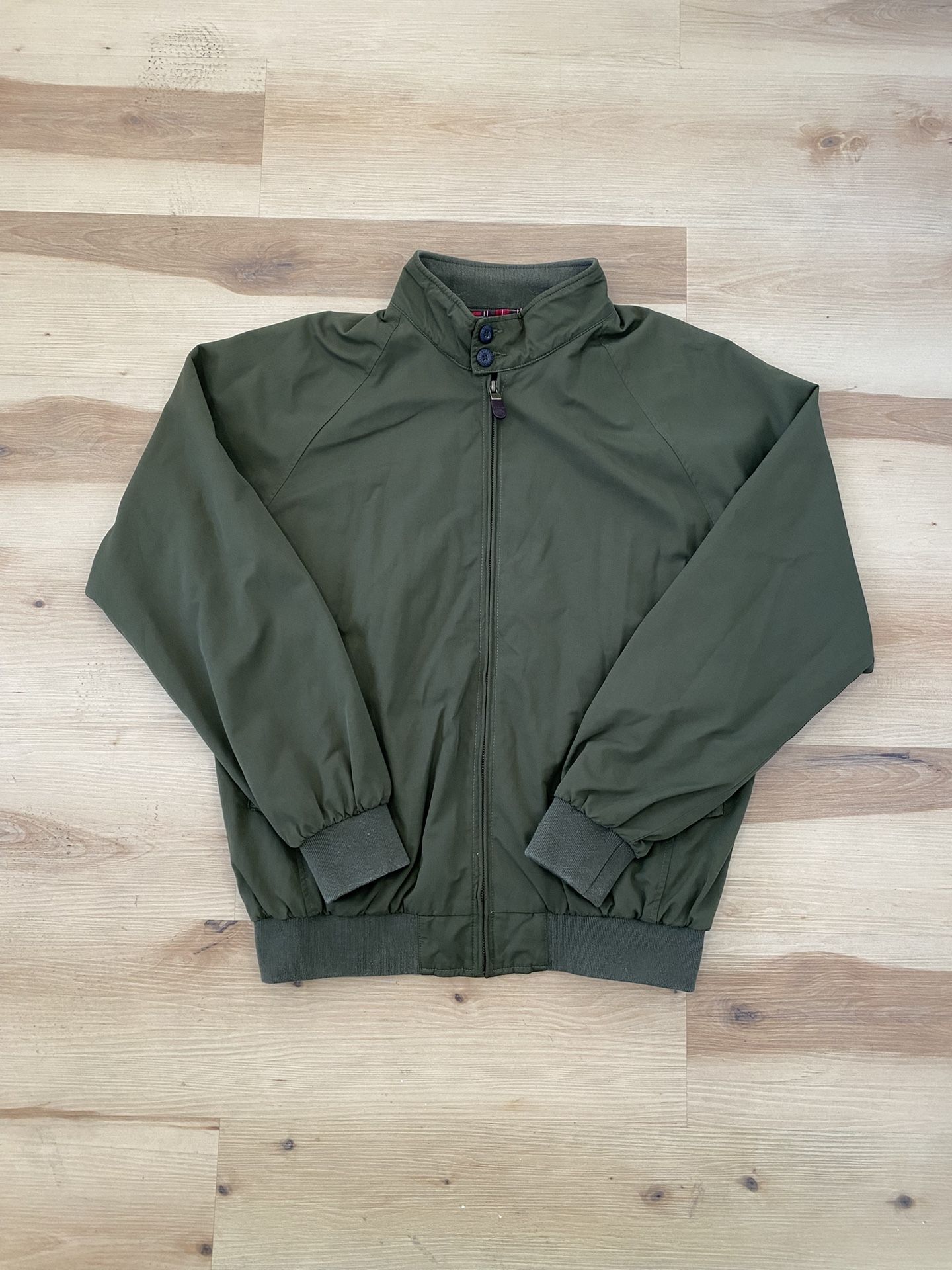 Mens Army Green Orvis Harrington Jacket Plaid Lined Size M lightweight 2 inside pockets