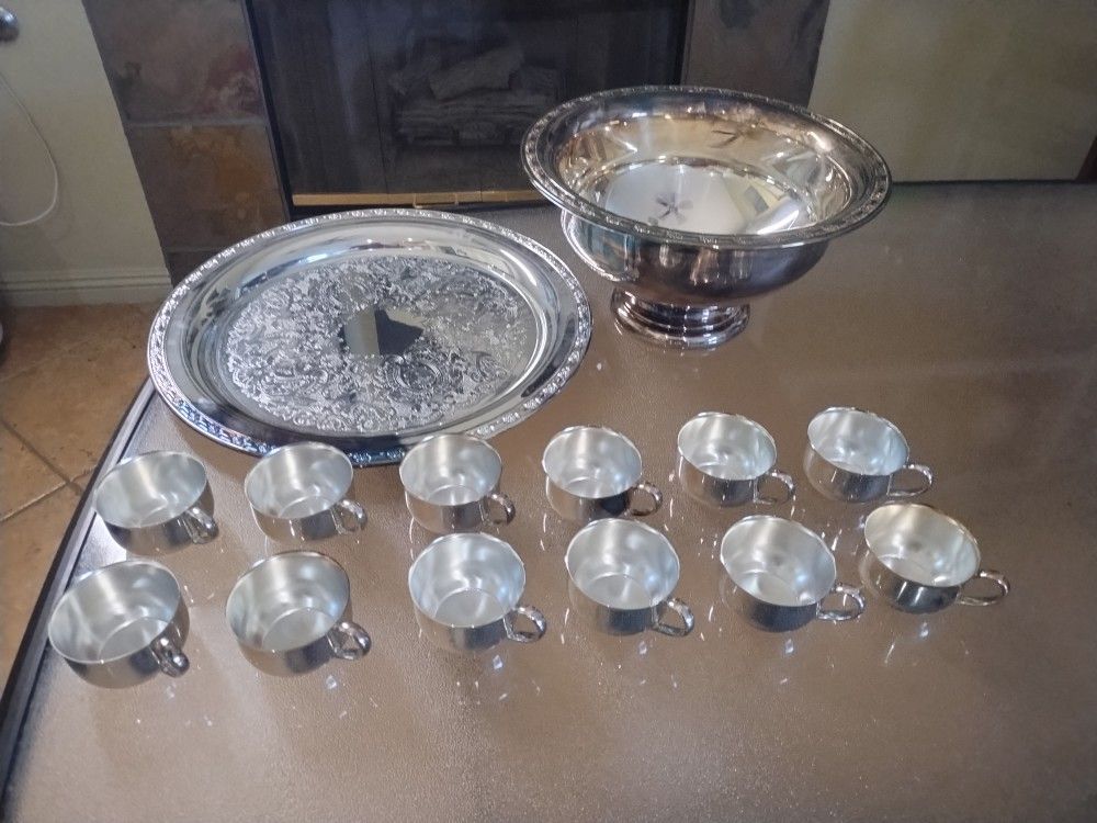 Vintage Oneida Complete 12 Cup Silver Punch Bowl Set
