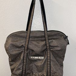 Victoria's Secret Black Metallic Gold Glitter Zipper Weekender Travel Tote Bag