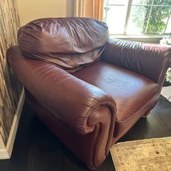 Red Leather Couches + Wooden Table Glass Top (FULL SET)