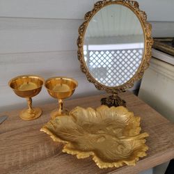 Vintage Regency Standing Adjustable Rose Gold Tone Filagree Mirror 4pc wedding