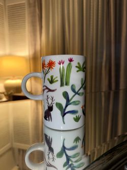 Ceramic Mug with Cat and Botanical Designs