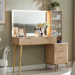 Fluted Makeup Vanity Desk with 36" HD Lighted Mirror, 48" Big Modern Vanity Desk with Mirror and Lights, Dressing Table with 5 Drawers & Shelves, Glas