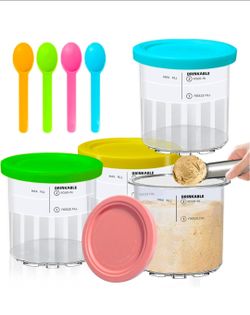 4 Pack Creami Pints Lids Replacement Ninja 24 oz Creami Deluxe Containers with Spoons Compatible NC501 NC500 Series