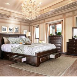 Brand New Brown Cherry 4pc Queen Bedroom Set (Available In California & Eastern King)
