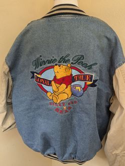 Vintage Disney Winnie the Pooh Denim Bomber Varsity Jacket Large L Embroidered