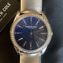 Kenneth  Cole NY  New Watch Silver Band Crome Case With Crystals And Blue Face 