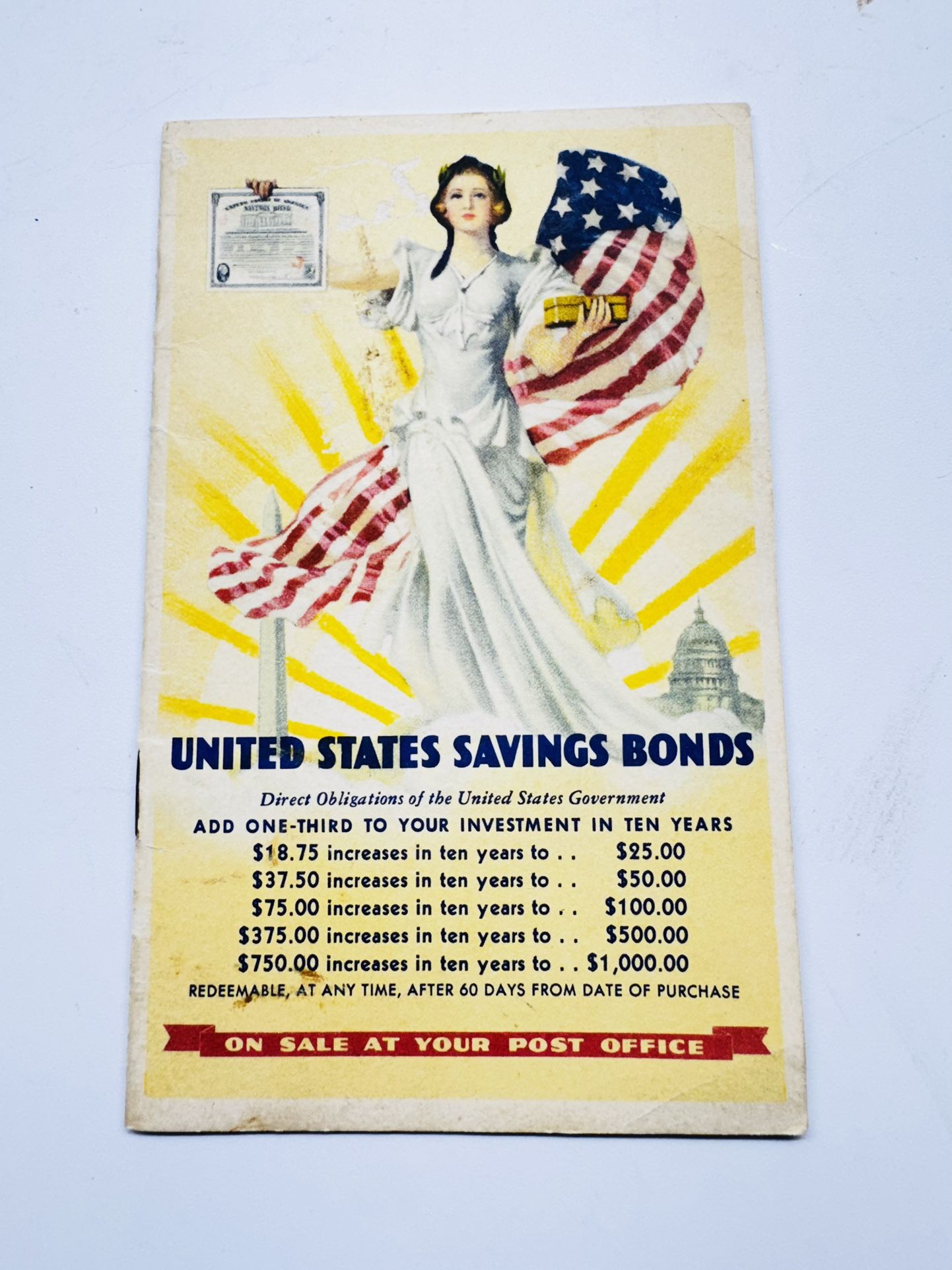 1935 US Savings Bonds Booklet, Lady in White, Am. Flag. 5.5" x 3.5"