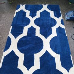 Deep Pile Wool Area Rug Hand Knotted 5 X8 Deep Midnight Blue And Ivory Pattern Interior Design Bedroom Livingroom Sofa Coffee Table