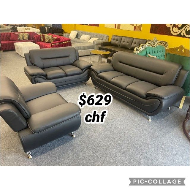 Black Faux Leather 3 Piece Living Room Sofa Set ( Sofa + Loveseat + Chair )