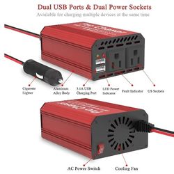 Pro Chaser 400W Power Inverters for Vehicles - DC 12v to AC 110v Car Inverter Converter, 6.2A Dual USB Charging Ports, Dual AC Adapter for Laptops Air