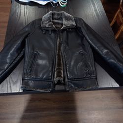 Men's Black Leather Jacket With a Faux Fur Lining, "Black Rivet" Brand Distressed Moto Style. 